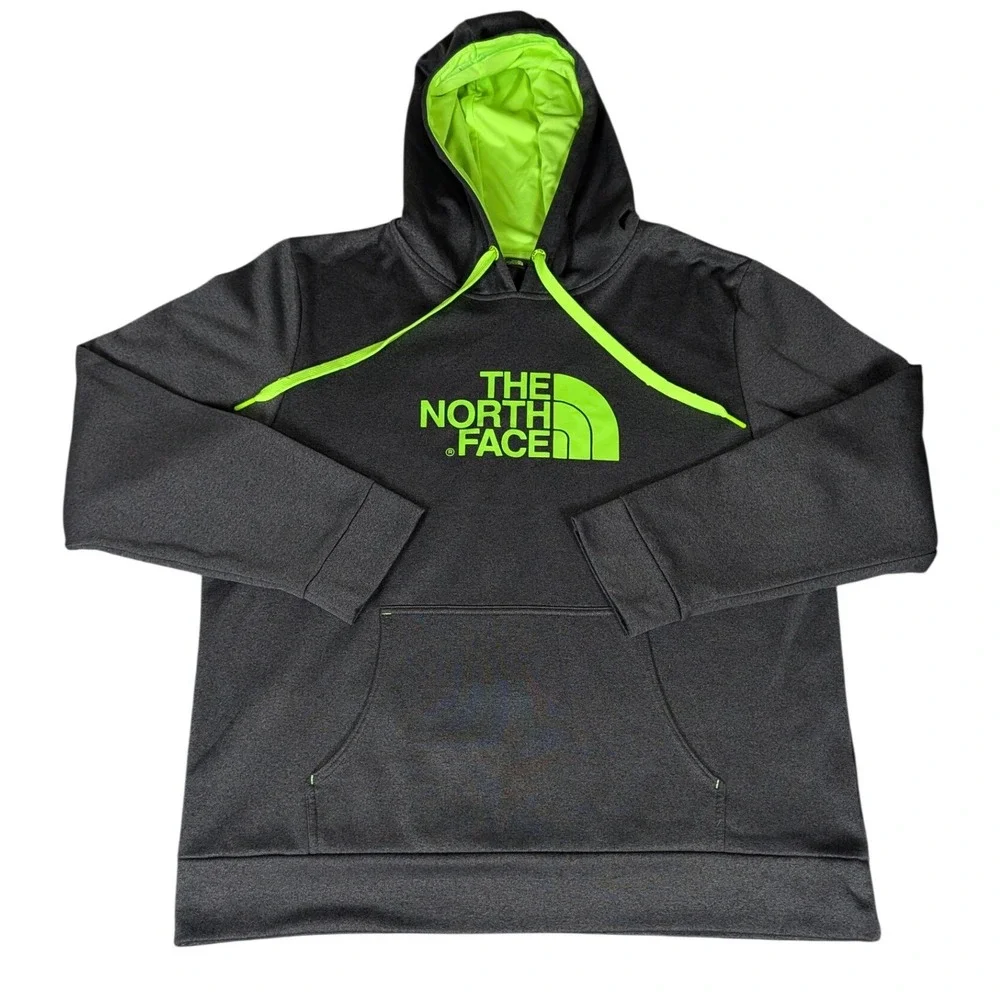 The North Face Mens Pullover Hoodie Charcoal Heather Neon Green Logo XL NF0A3528